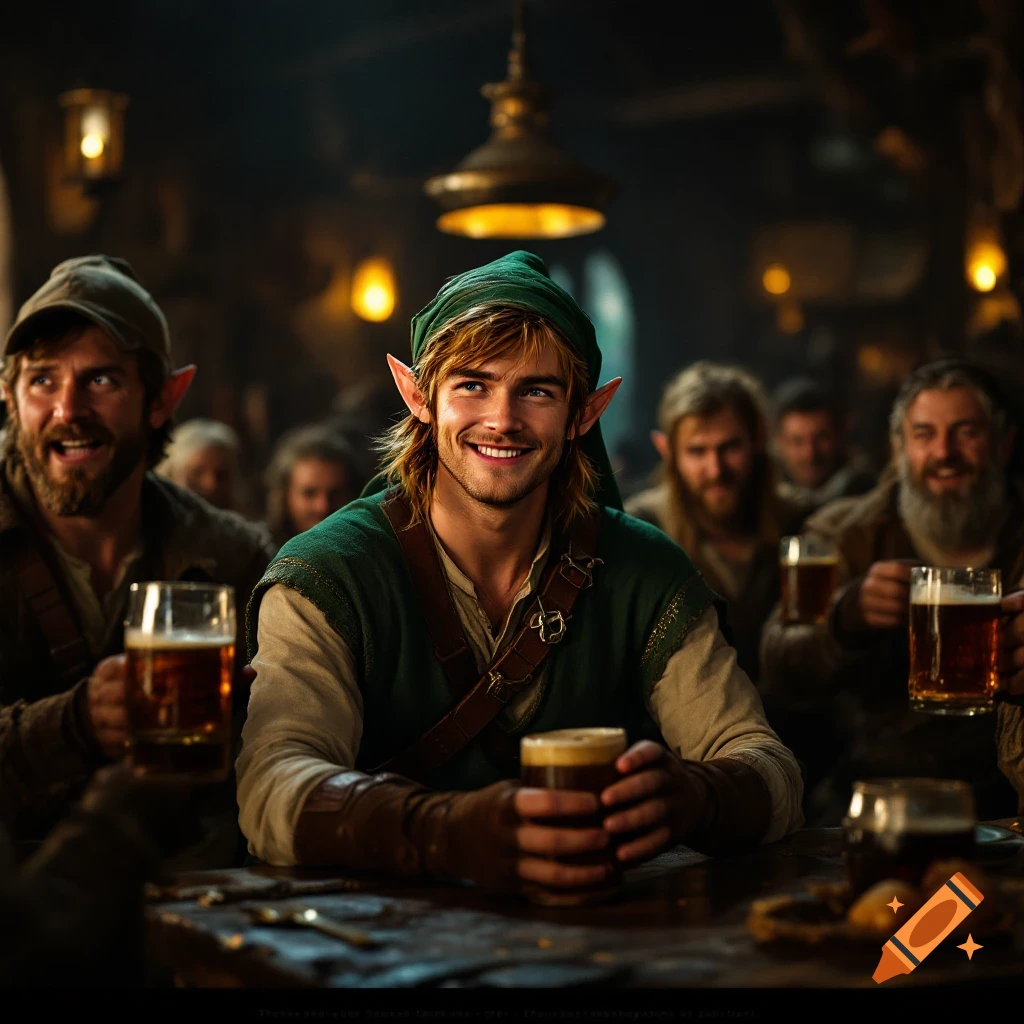 A cinematic photo of a fantasy character resembling Link, smiling and holding a beer mug in a tavern with others.