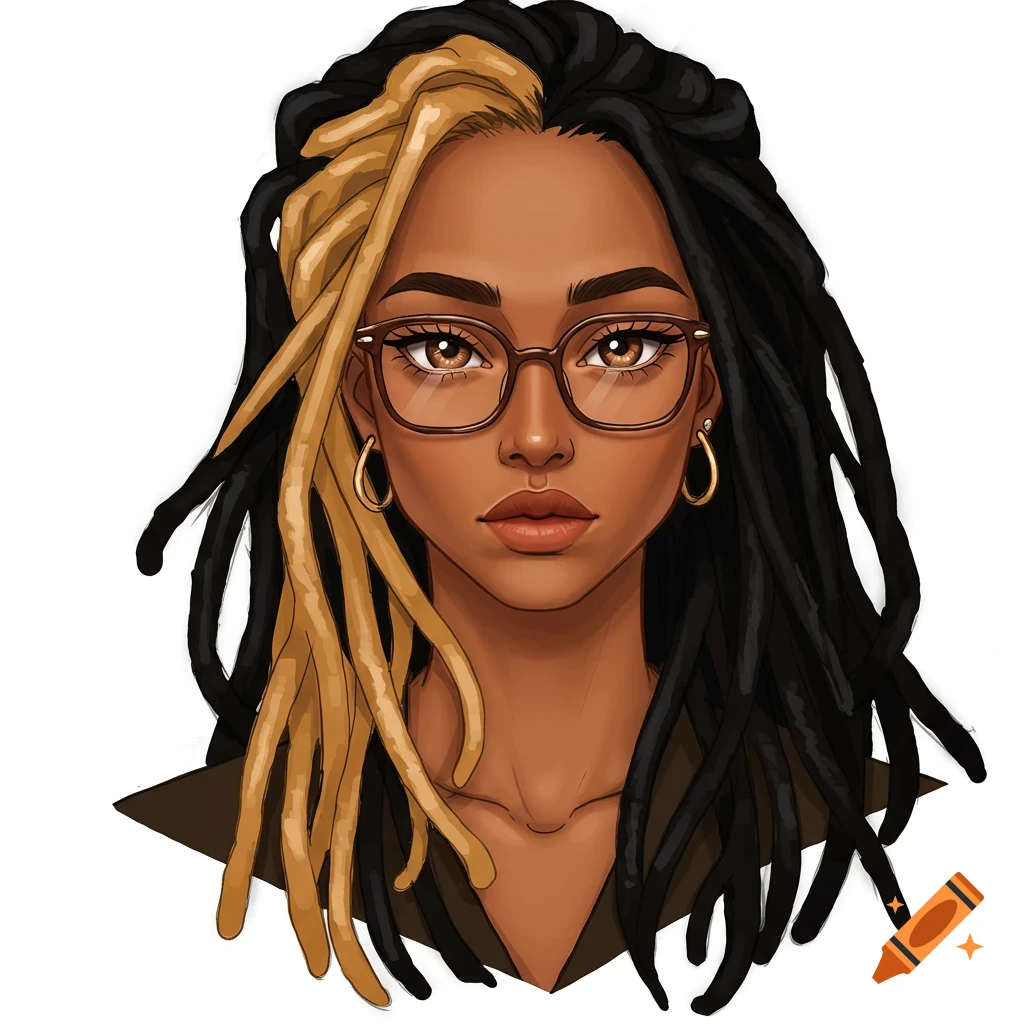 Illustration of a woman with split black and blonde dreadlocks wearing glasses and gold hoop earrings.