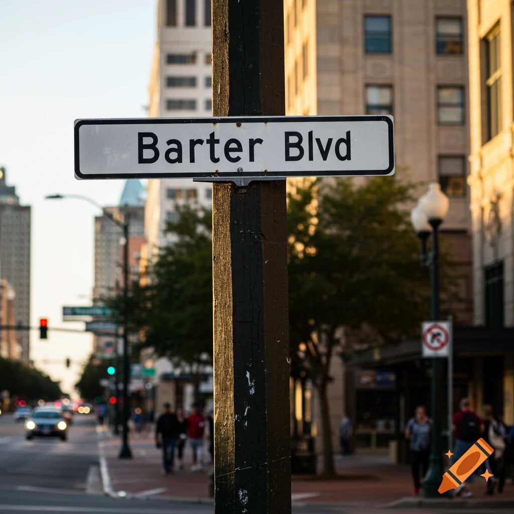 A street sign reading 'Barter Blvd' on a pole in a downtown city street scene.