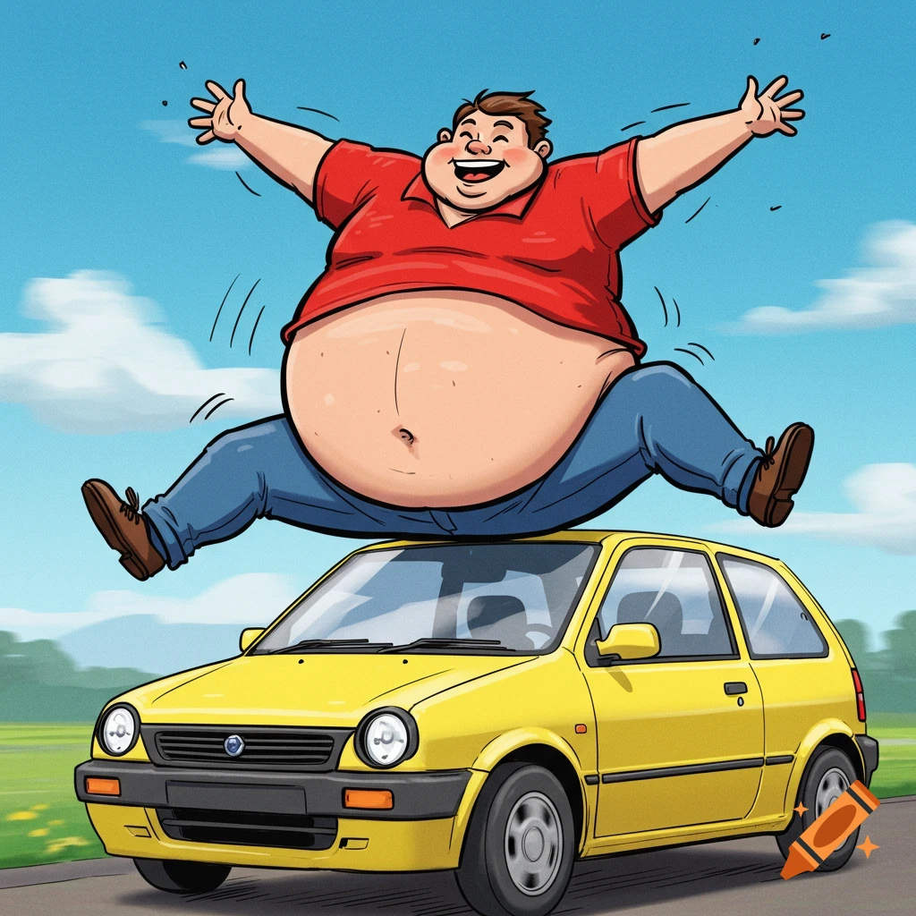 Cartoon illustration of a large man happily jumping on top of a yellow car.
