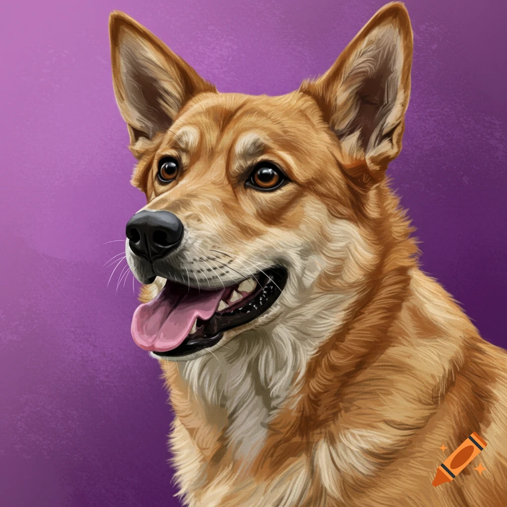 Portrait of a happy dog with perked ears and tongue out against a purple background