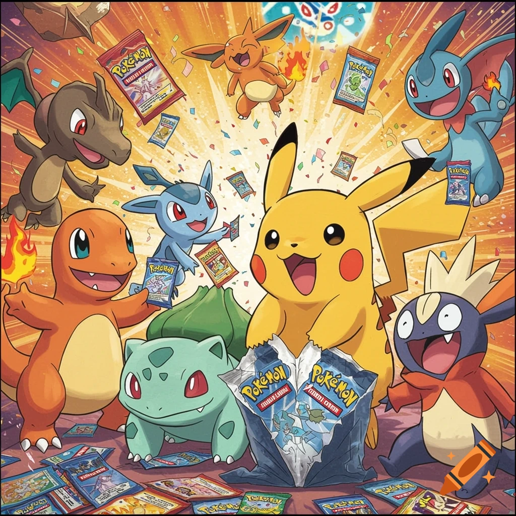 Pokemon characters opening trading card packs surrounded by confetti in anime style.