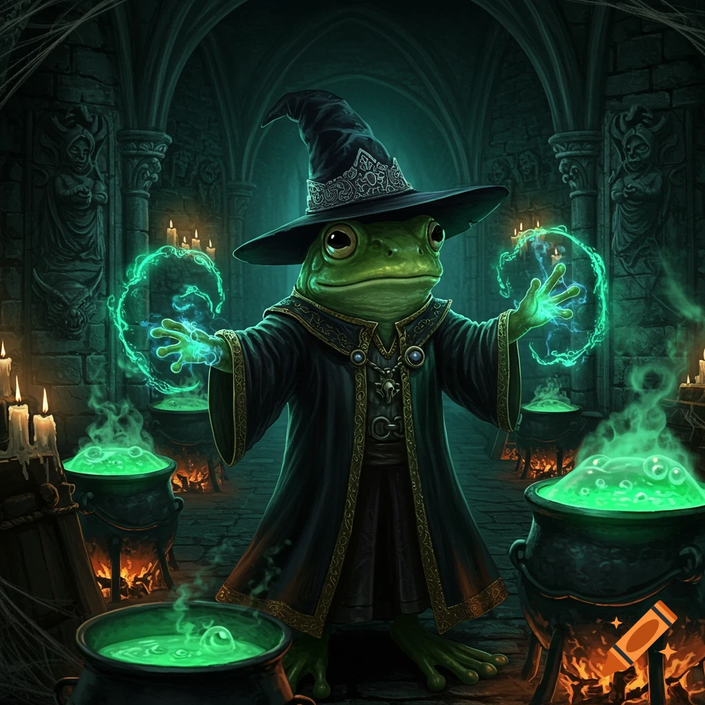 A frog dressed as a wizard casts green spells in a dark gothic room filled with bubbling cauldrons.
