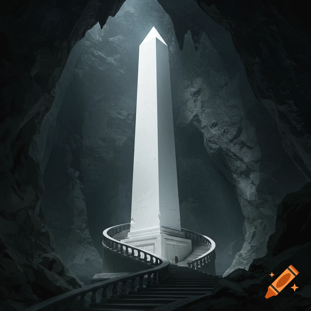 A tall white obelisk stands in a dark cave with a spiral staircase wrapped around it.