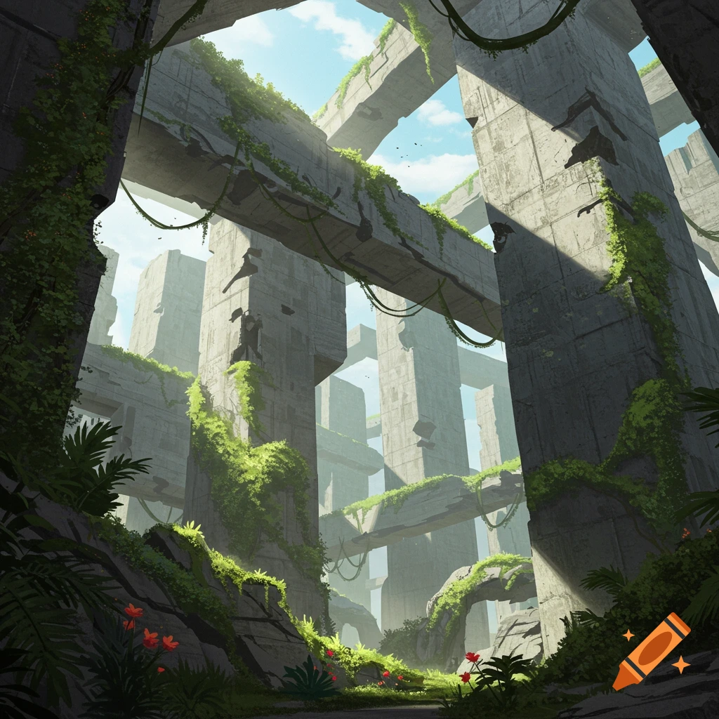 Massive concrete ruins overgrown with green vines and plants under a bright sky.
