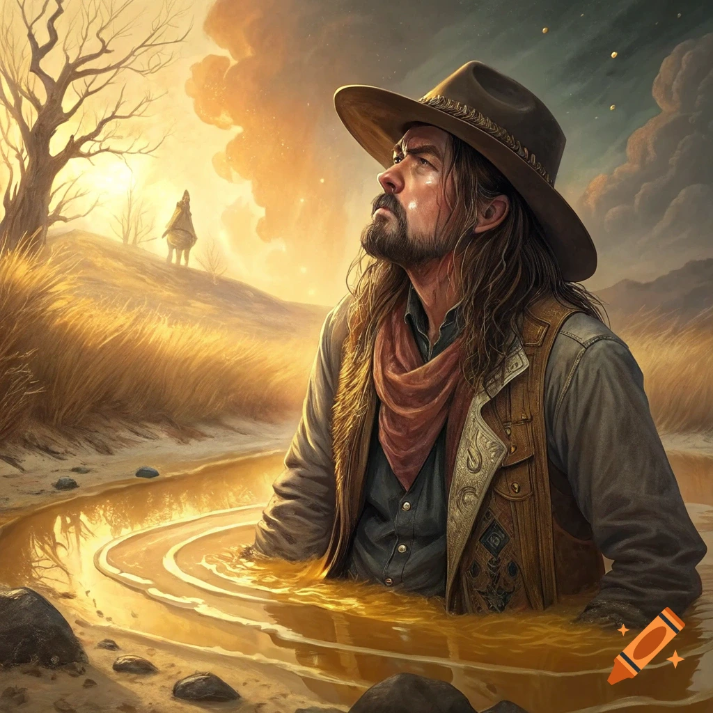 Digital art of a cowboy partly submerged in golden water, looking up at a sunset sky with a figure on horseback in the distance.