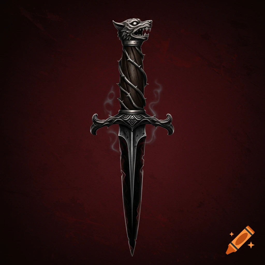 A stylized dagger with a wolf head hilt and barbed handle on a red background.