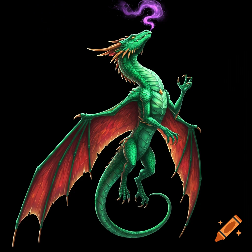 A green and red dragon flying up, breathing purple smoke.