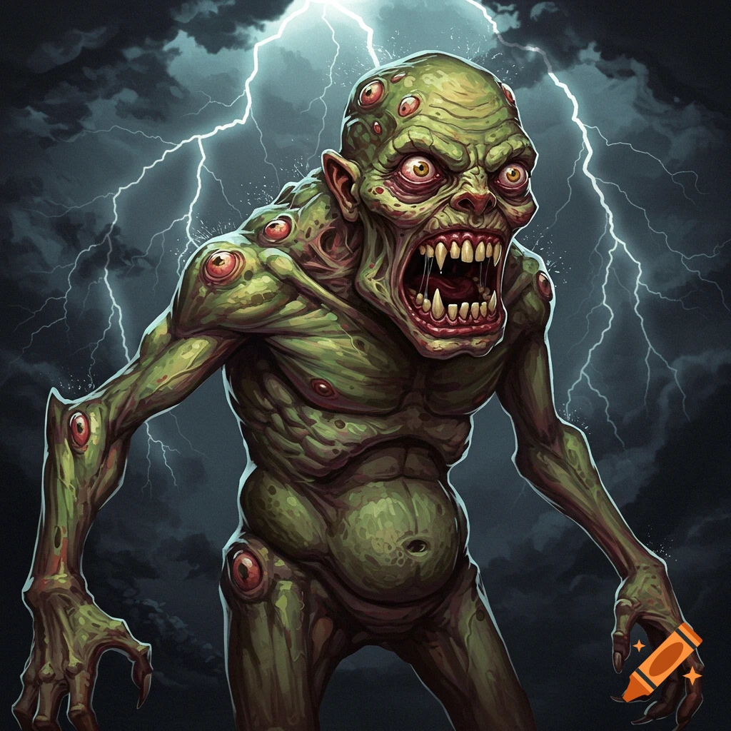 A green monster with multiple eyes and sharp teeth stands in a lightning storm.