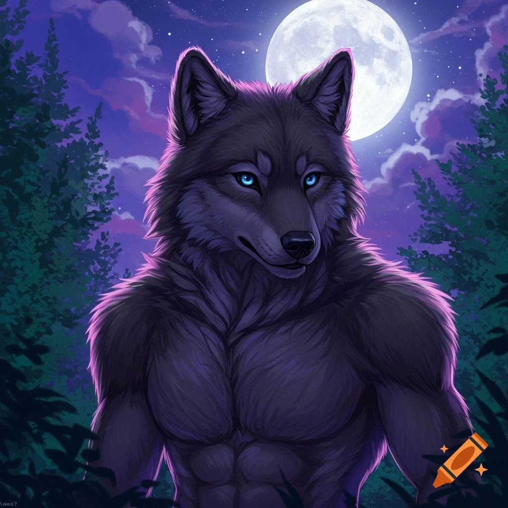 A muscular wolf-like creature with glowing blue eyes stands under a full moon in a forest clearing. Digital art.