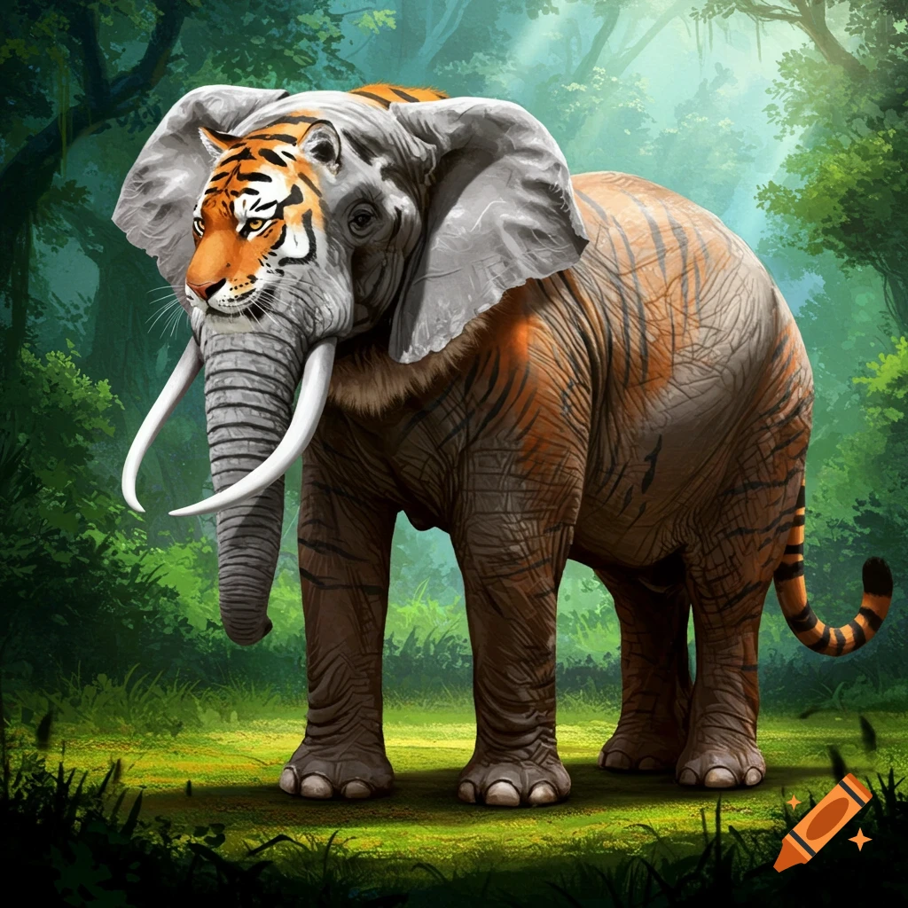 An elephant body with tiger stripes and a tiger head standing in a jungle.