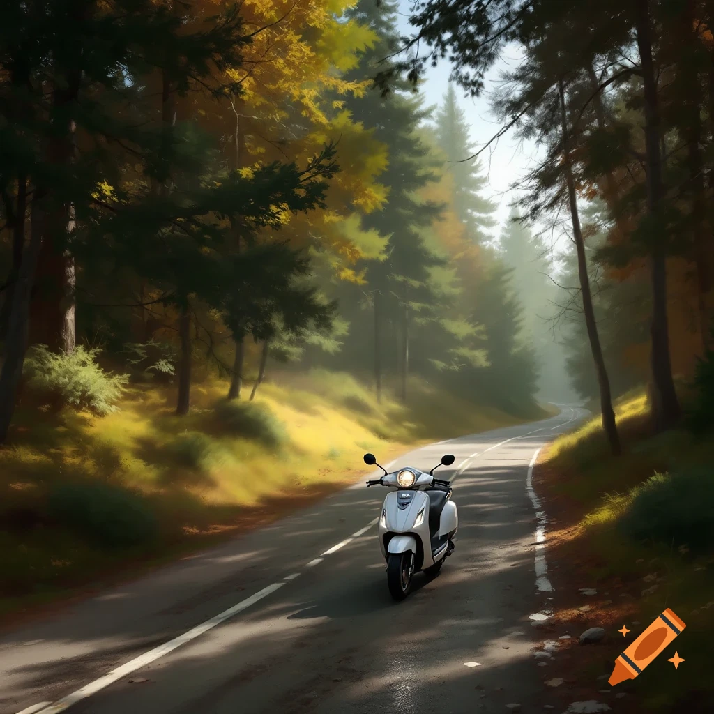A white scooter is on a road through a misty autumn forest.