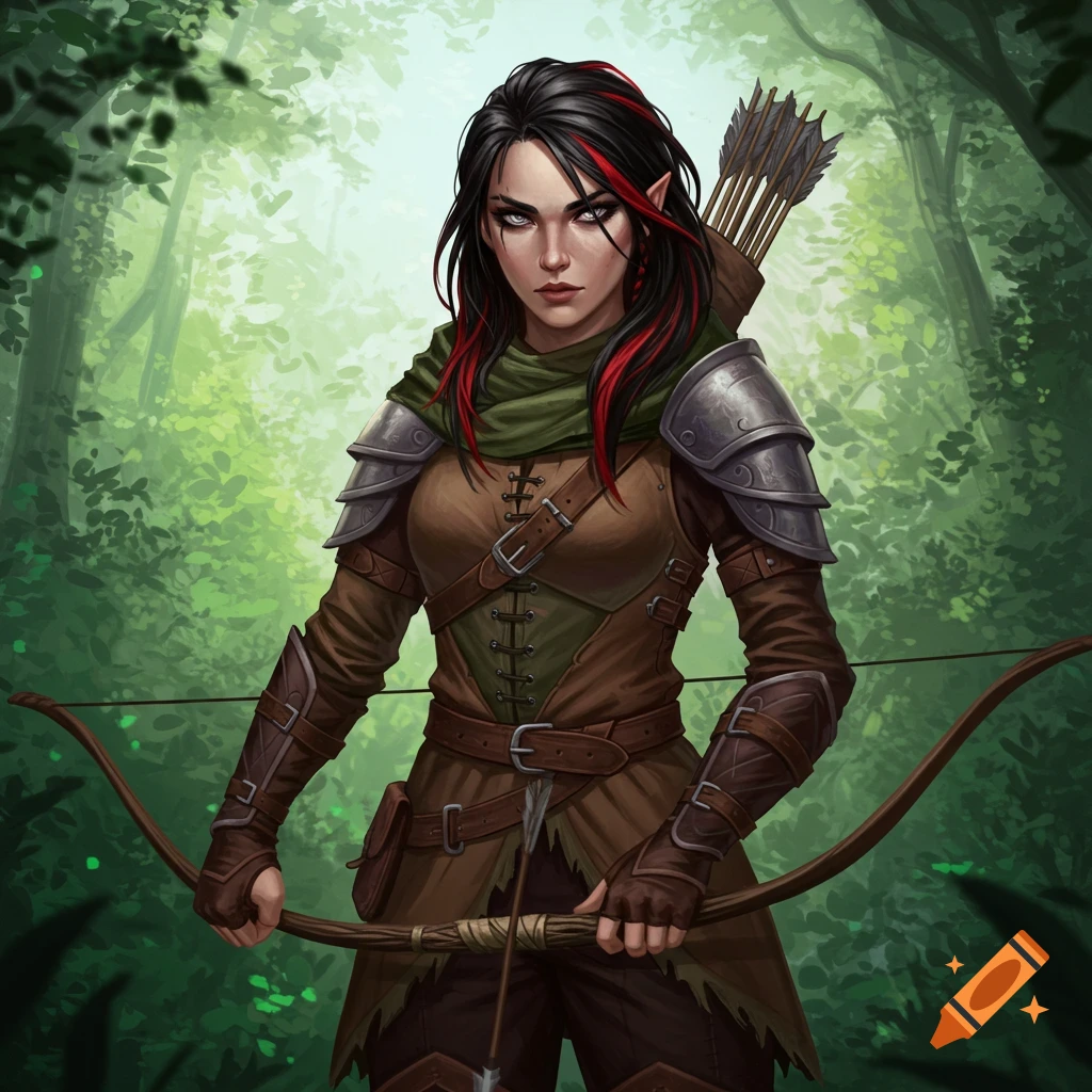 A female fantasy ranger with black and red hair, holding a bow in a forest