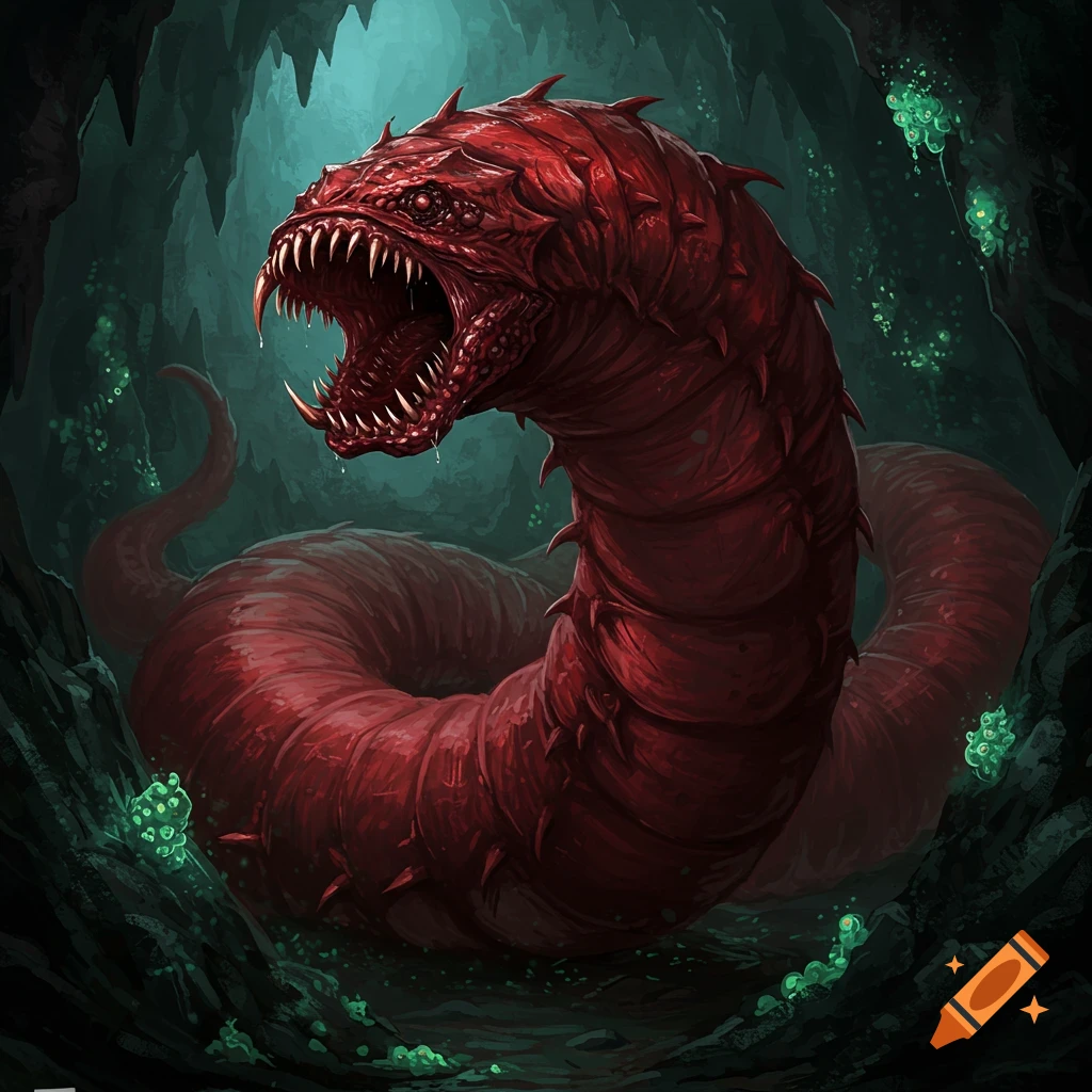 A massive, crimson worm-like creature with menacingly sharp teeth lurks within the shadows of a dark cave.