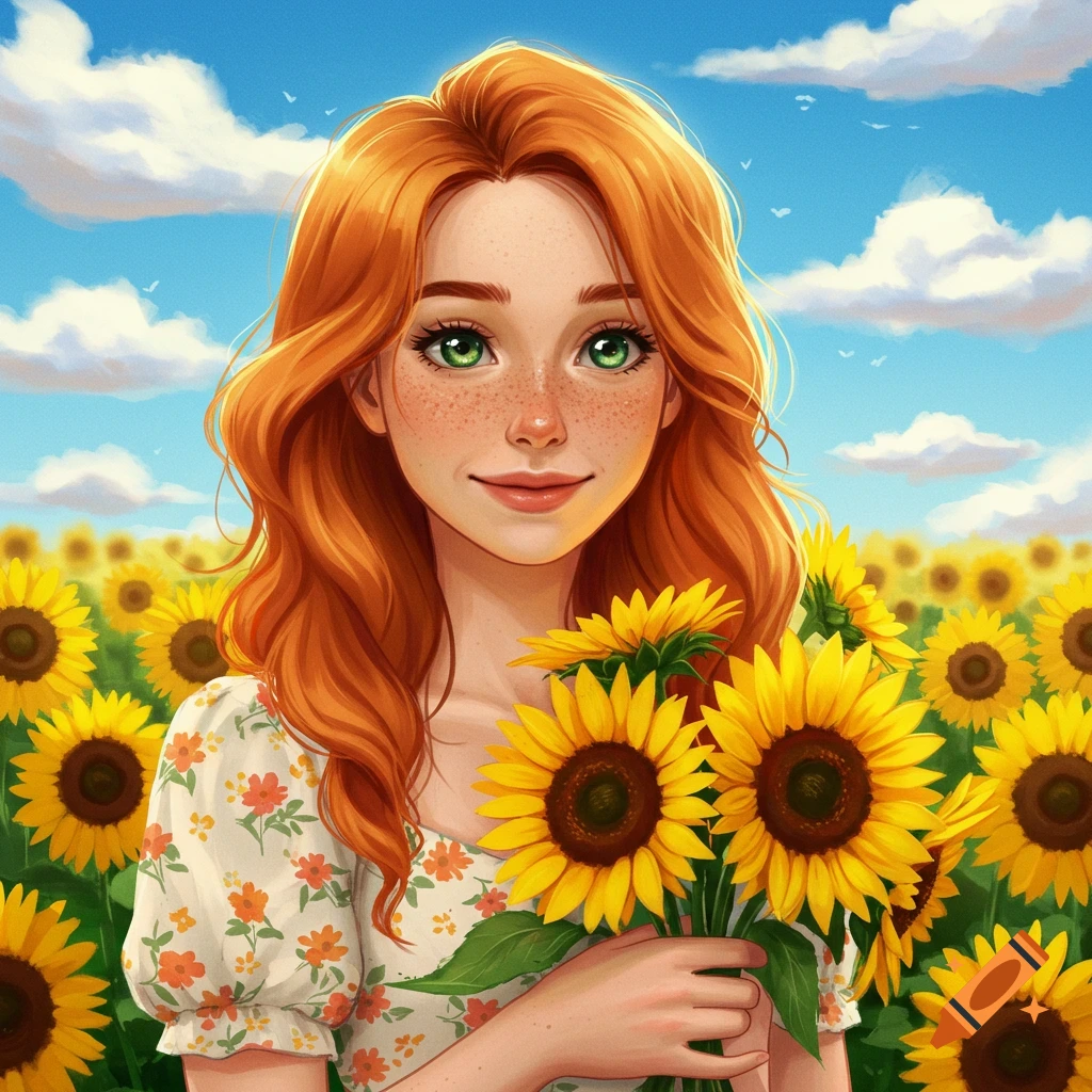 A smiling redhead woman with freckles holding sunflowers in a field.