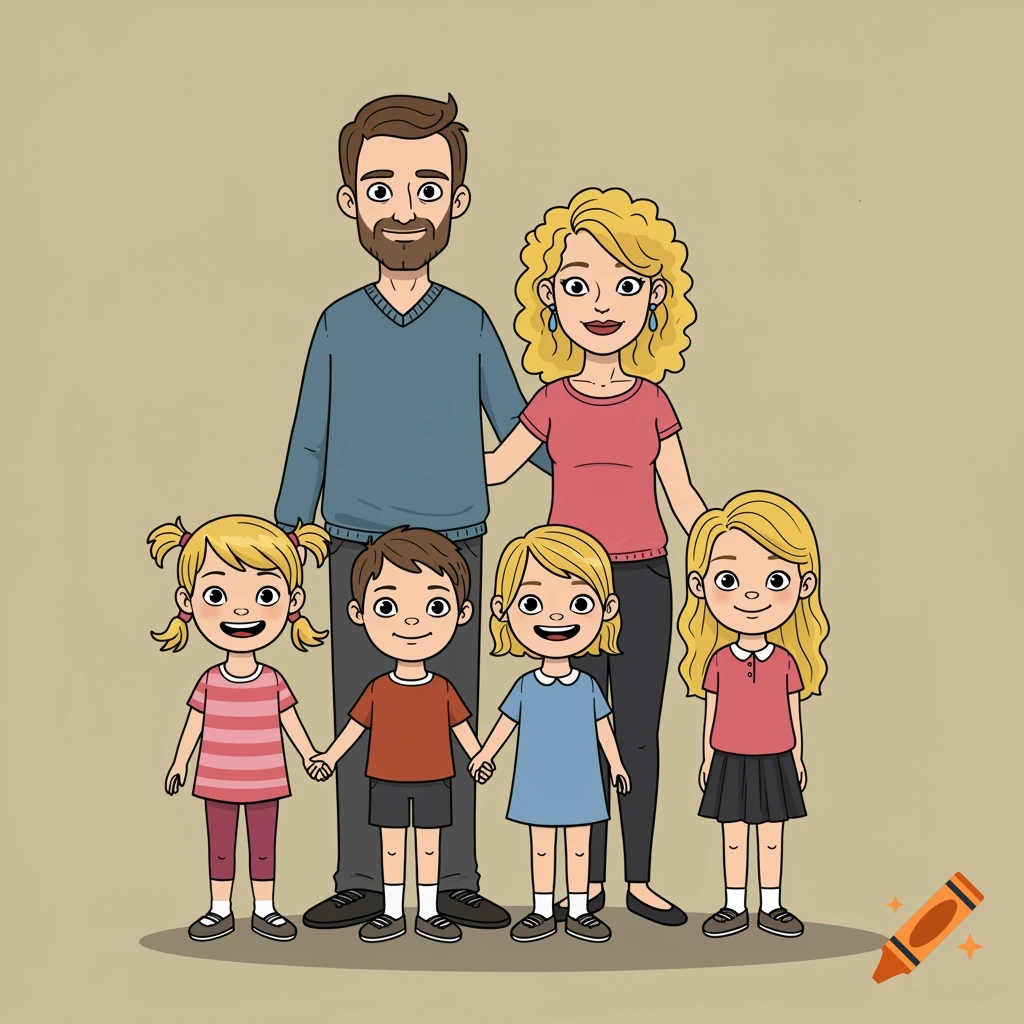 A cartoon illustration of a family of six standing together.