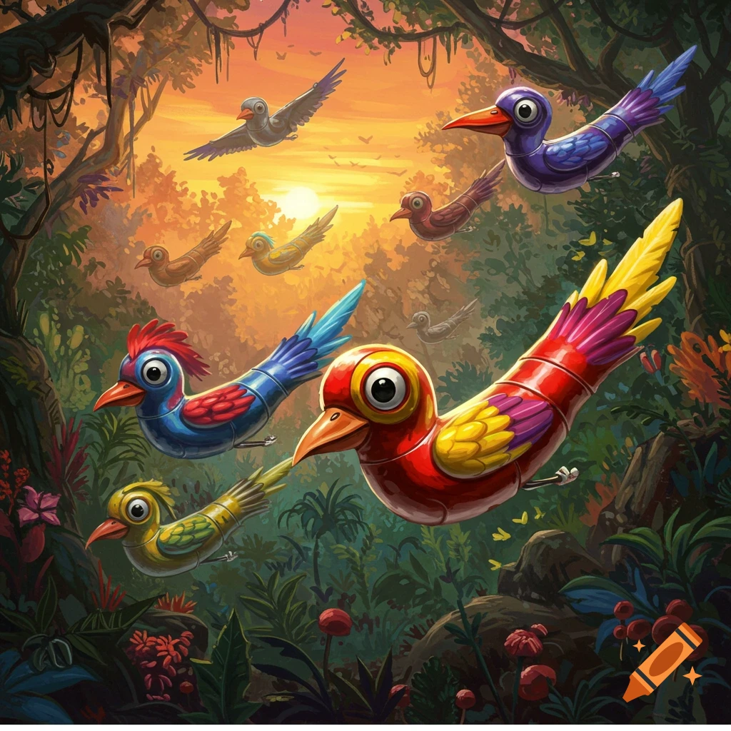 Cartoon mechanical birds fly through a jungle at sunset.