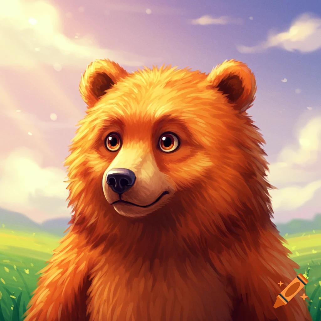 Close-up of a fluffy brown bear in a field under a cloudy sky.