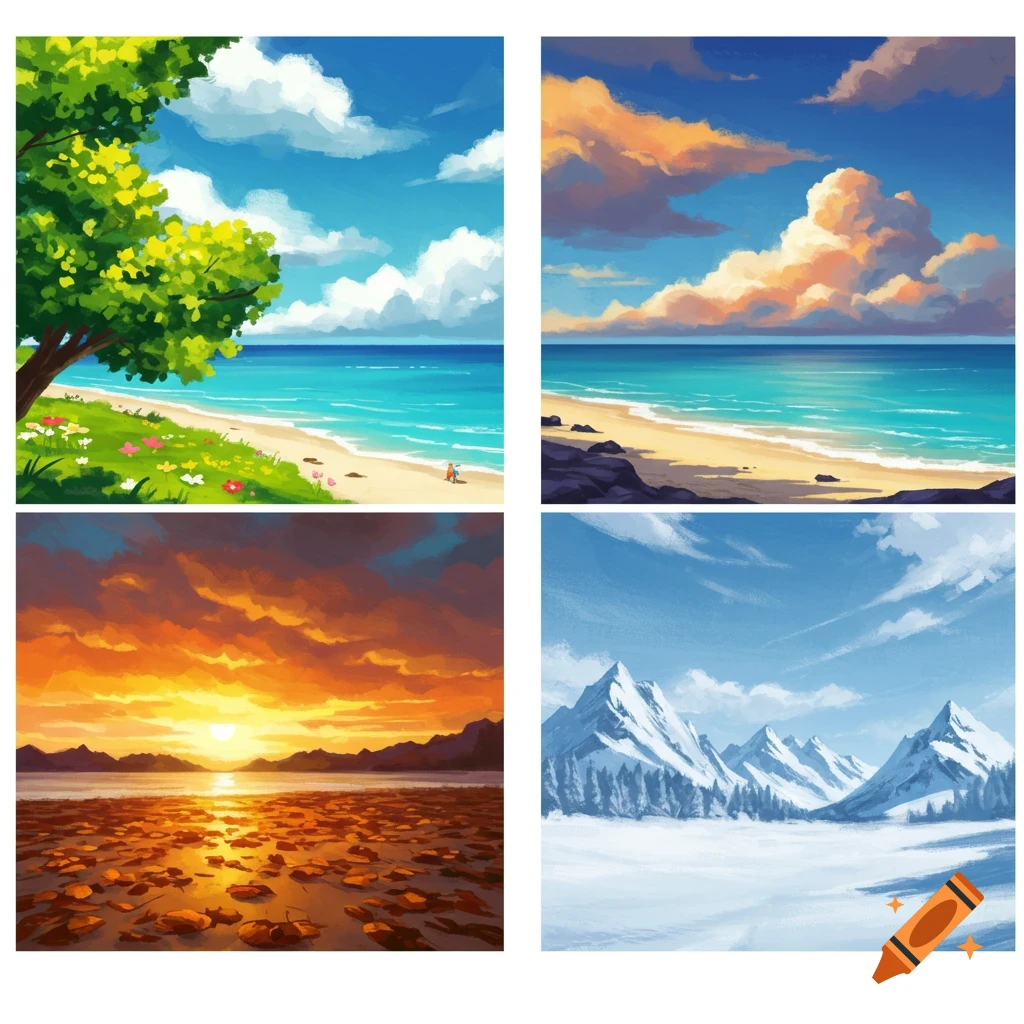 Four images depicting different seasons: a sunny beach, a cloudy beach, an autumn sunset, and snowy mountains.