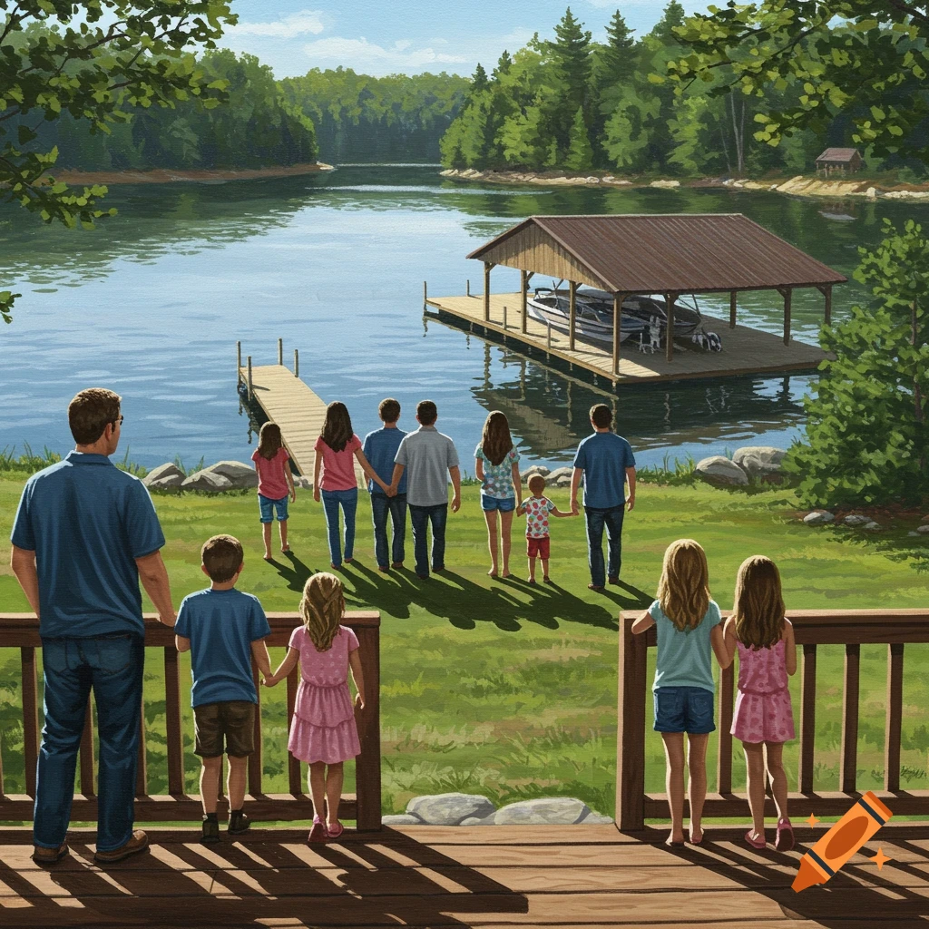 A large family looking at a lake with a boat dock