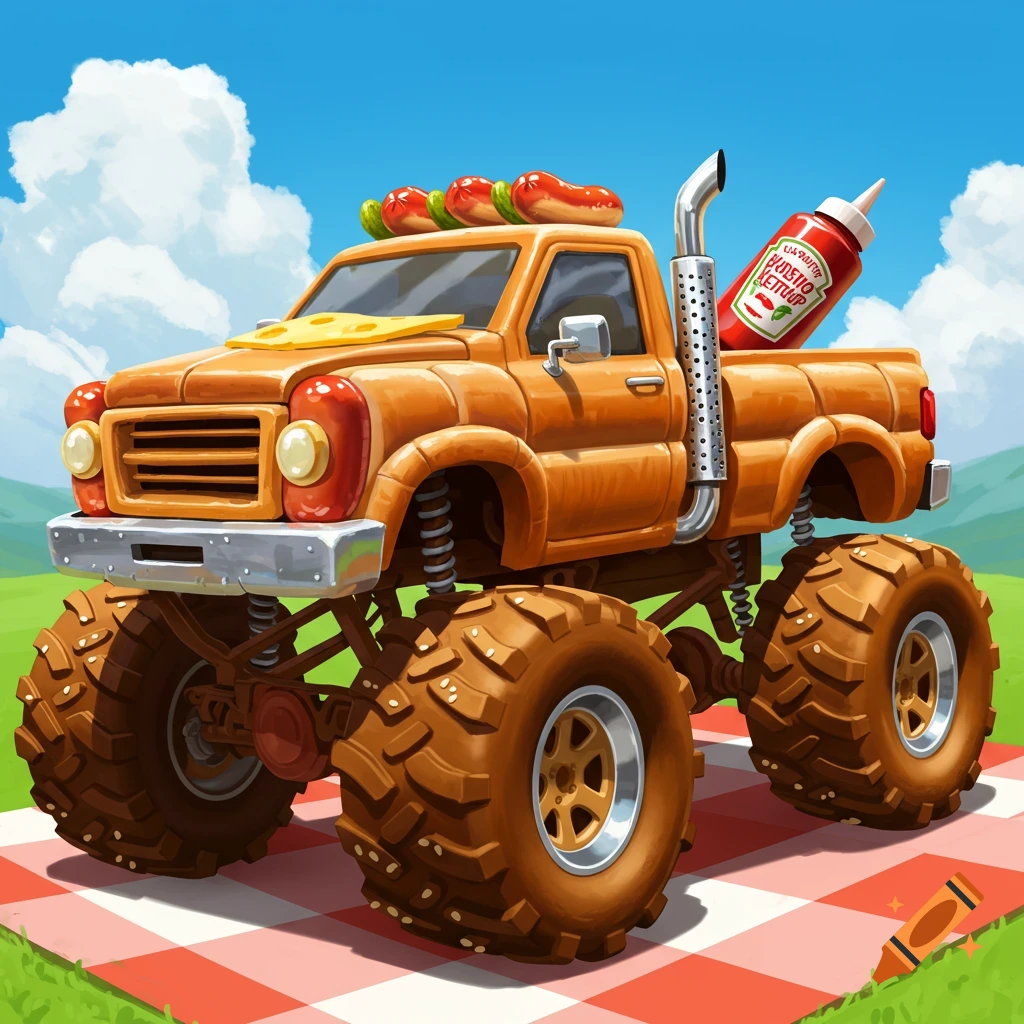 A monster truck made of hotdogs, cheese, and a ketchup bottle is sitting on a picnic blanket.