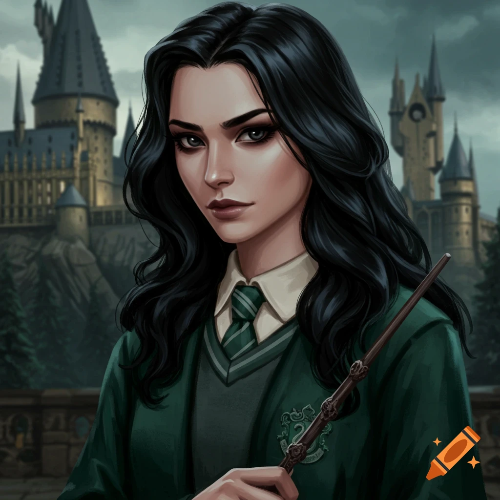 A woman in a Slytherin uniform holds a wand in front of a fantasy castle.