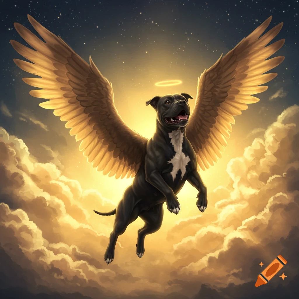 A black pit mix dog with large wings and a halo flies through golden clouds towards a starry sky.
