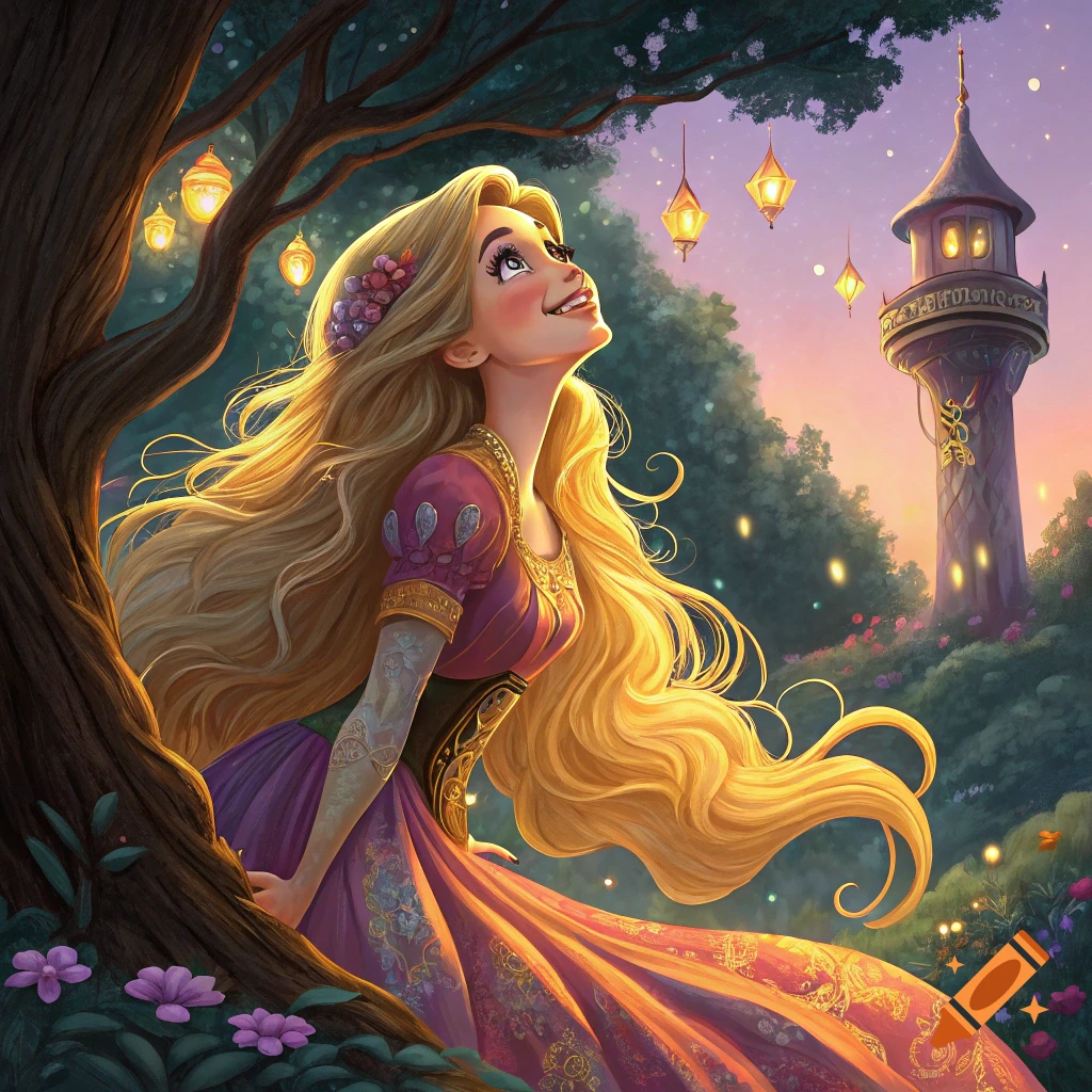 Cartoon character resembling Rapunzel under a tree looking at floating lanterns with a tower in the background.
