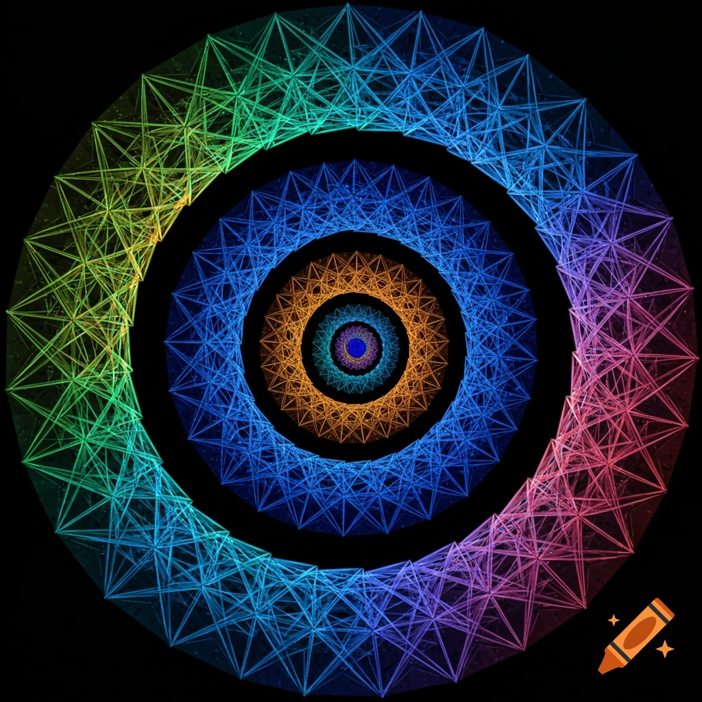 Colorful geometric spiral fractal pattern on a black background
