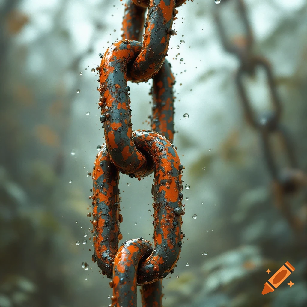 Close-up of a rusty metal chain link covered in water droplets.