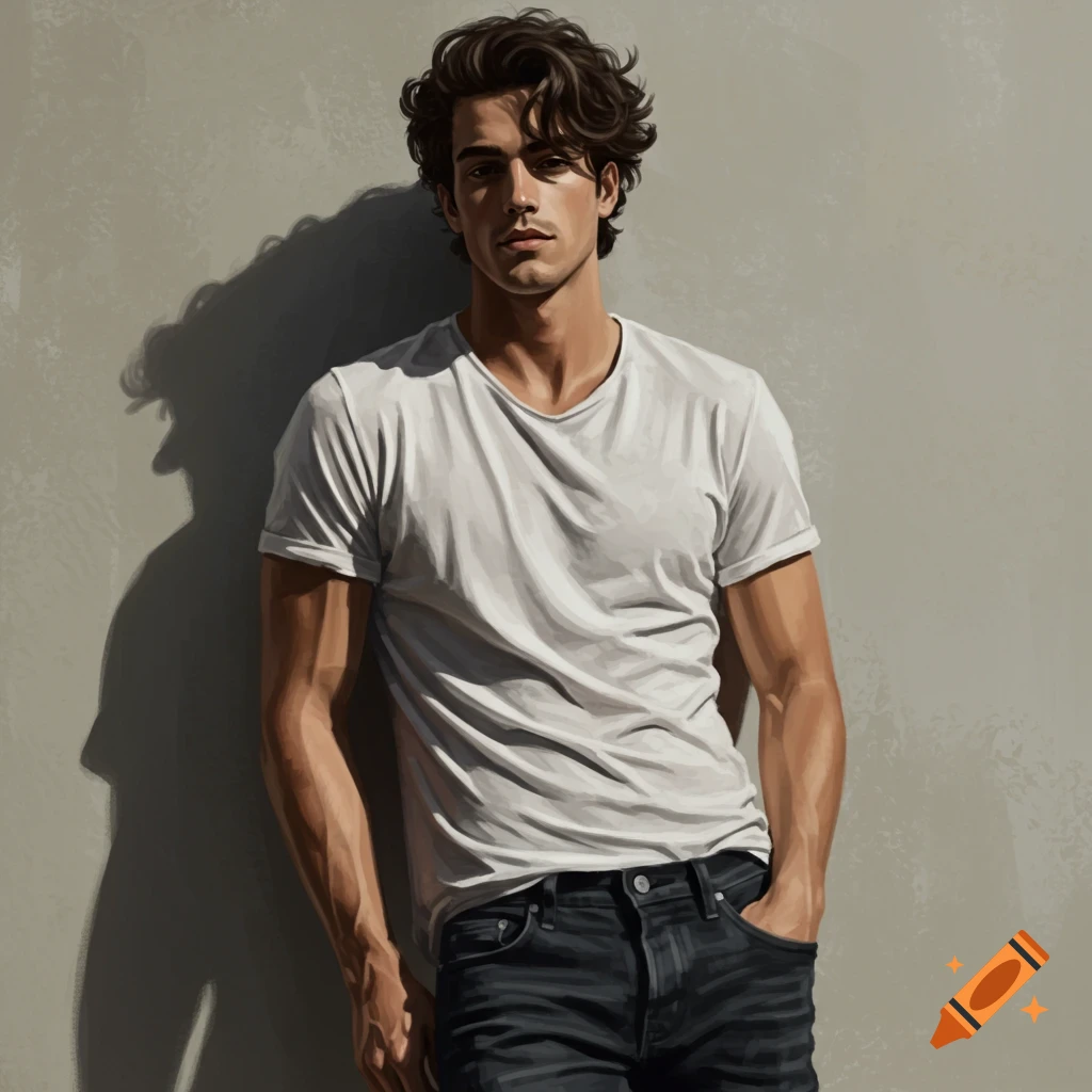 A man with dark wavy hair, wearing a white t-shirt and jeans, is leaning against a wall.