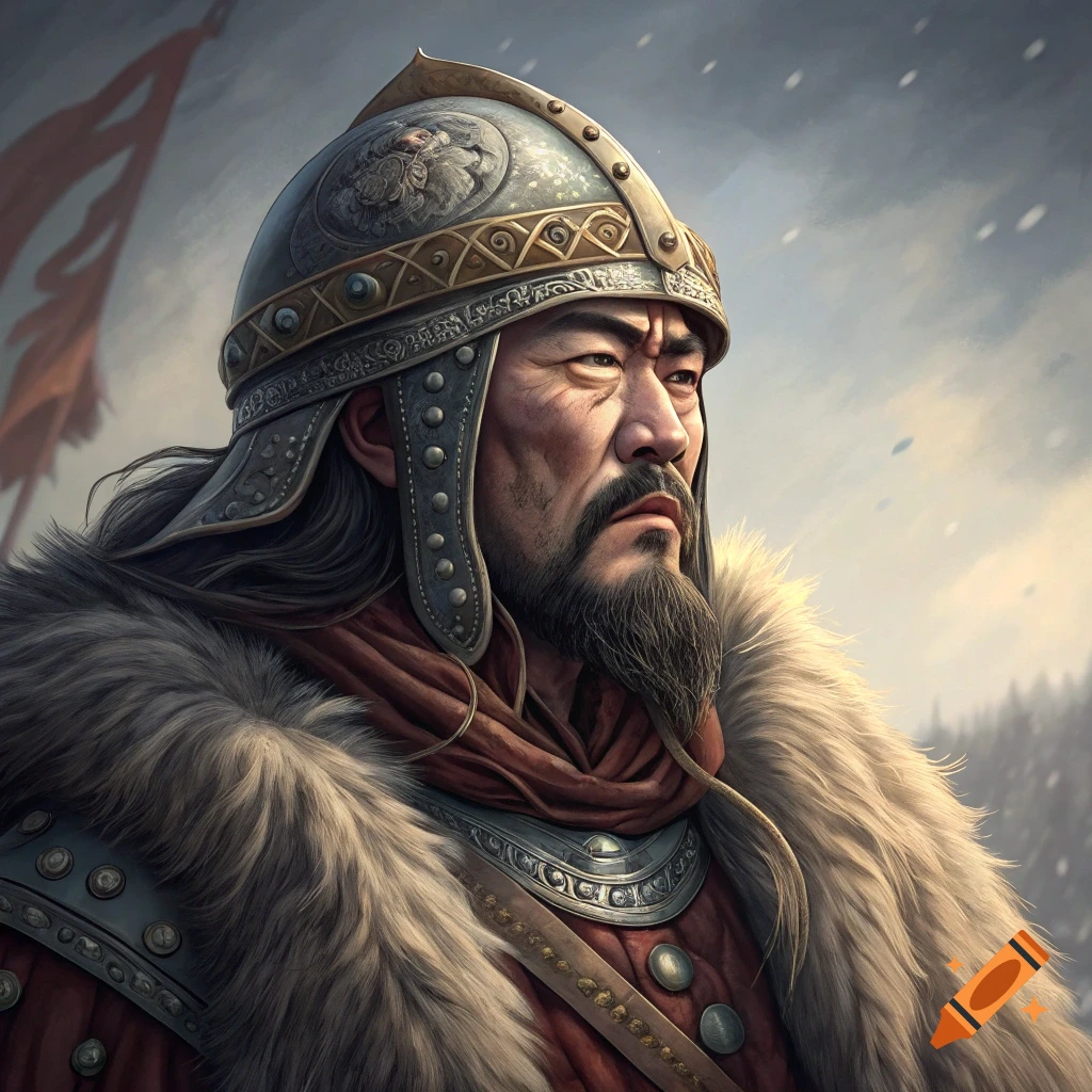 Portrait of a historical warrior or leader with a helmet, beard, and fur coat, with flags and snow in the background.