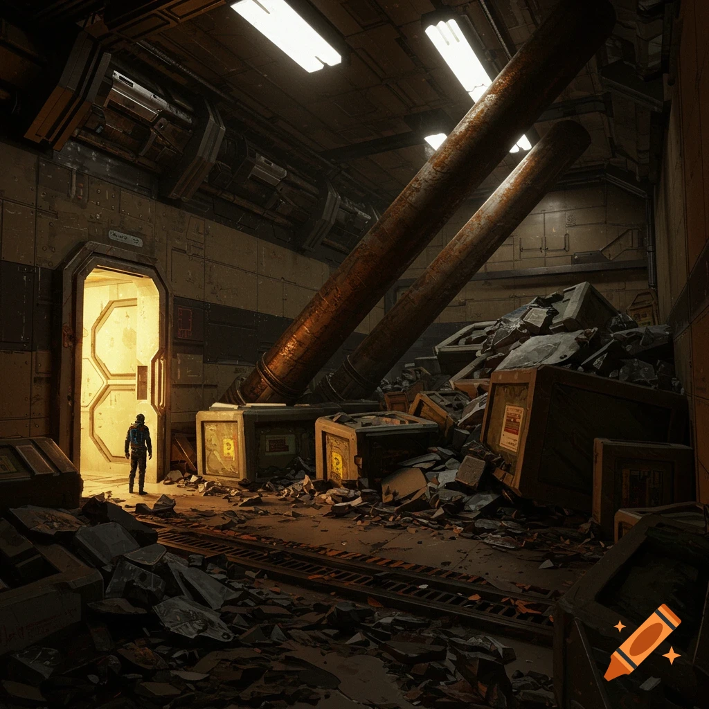 A person in a cluttered sci-fi chamber with crates, debris, and large pipes.