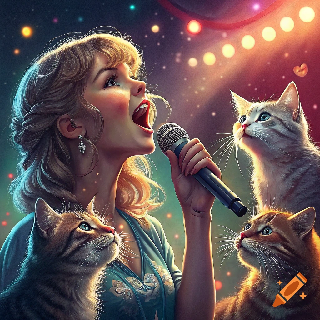 Woman singing into a microphone with three cats looking up at her under stage lights.
