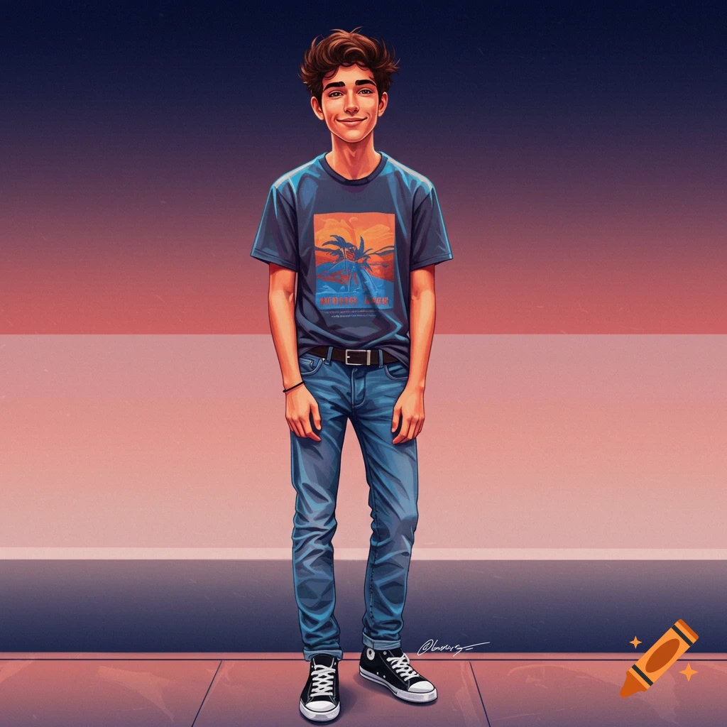 A young man in a t-shirt and jeans stands against a gradient background.