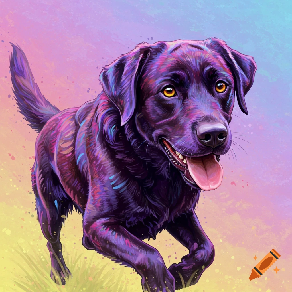 Colorful image of a black Labrador running.