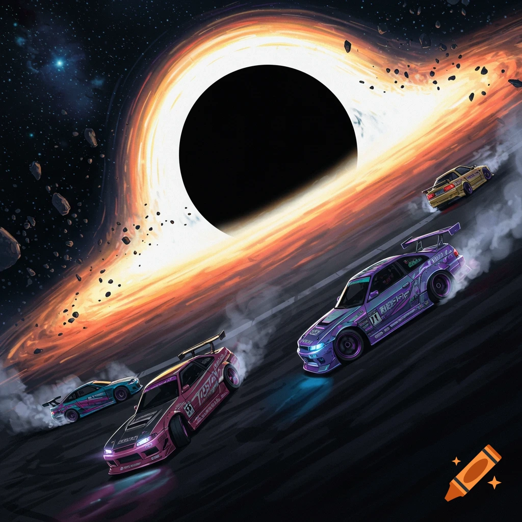 Several race cars drifting near the edge of a black hole in space.