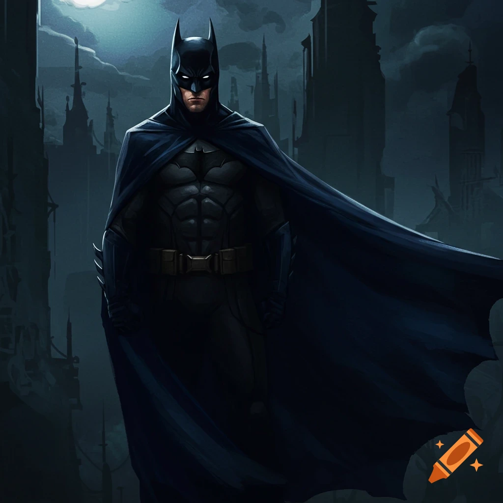 Batman standing in a dark gothic city under a full moon