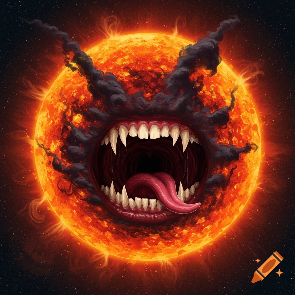 A monstrous sun with a large mouth full of teeth and a long tongue in space.
