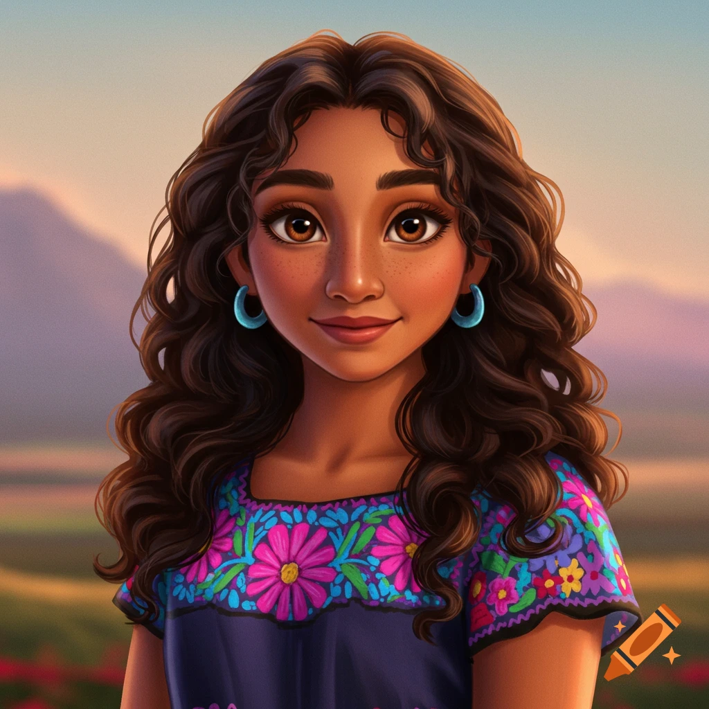 Portrait of a young woman with curly brown hair and an embroidered dress smiling in a landscape.