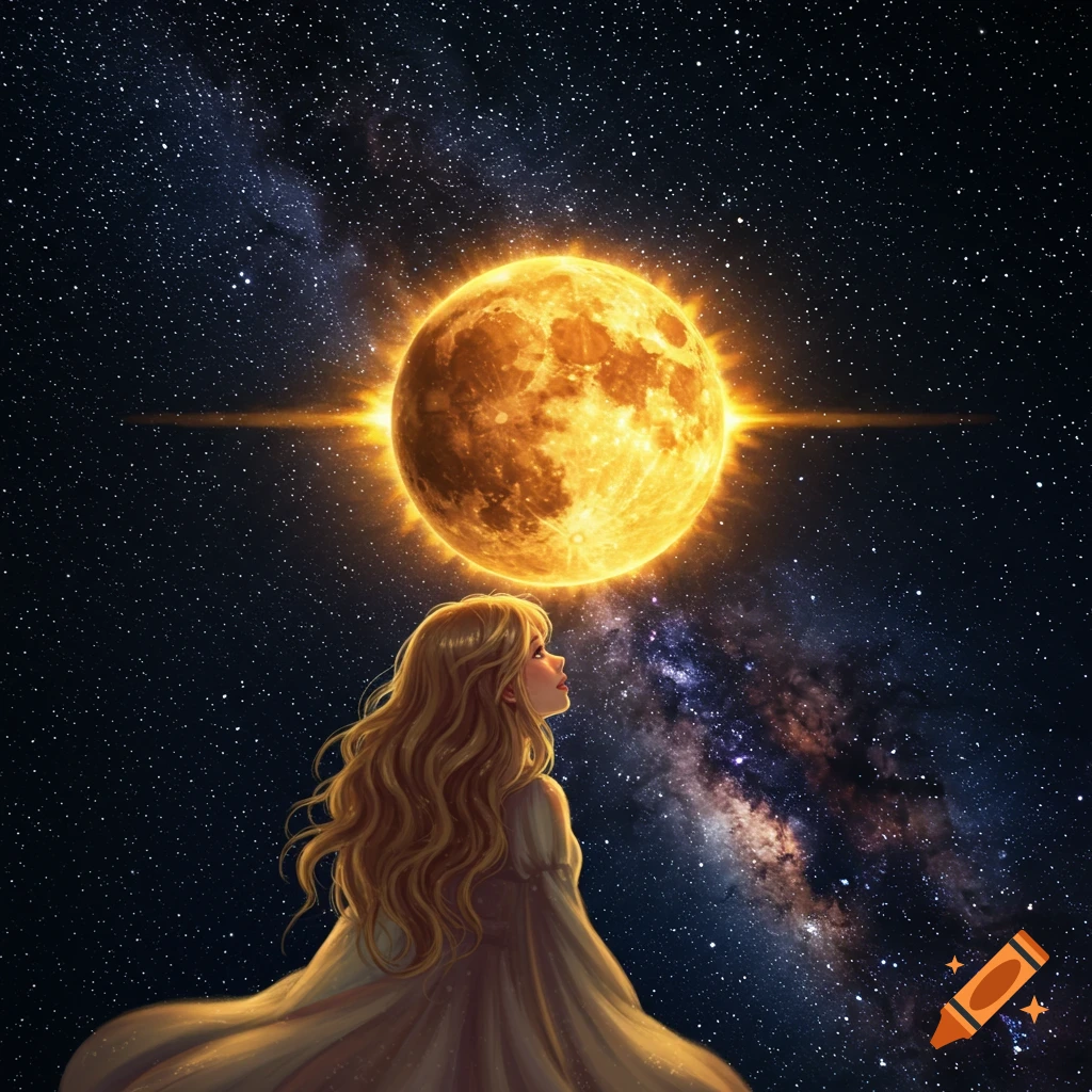 A girl looking up at a glowing sun-like orb in the vast starry space with the Milky Way.