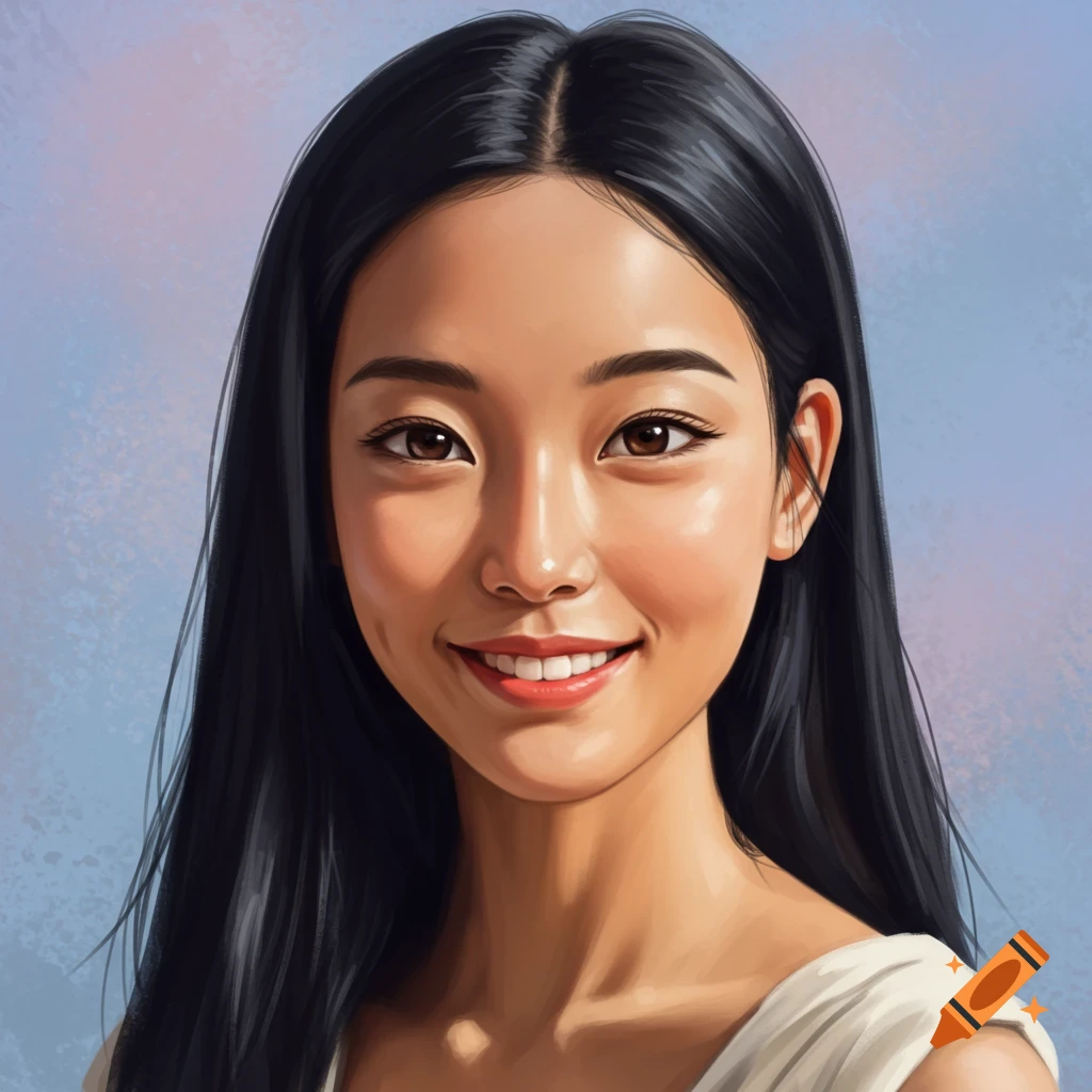 A young woman with long black hair and brown eyes is smiling.