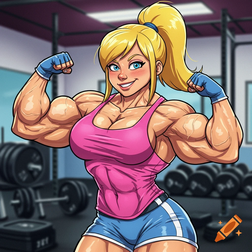 Cartoon image of a muscular woman flexing in a gym.