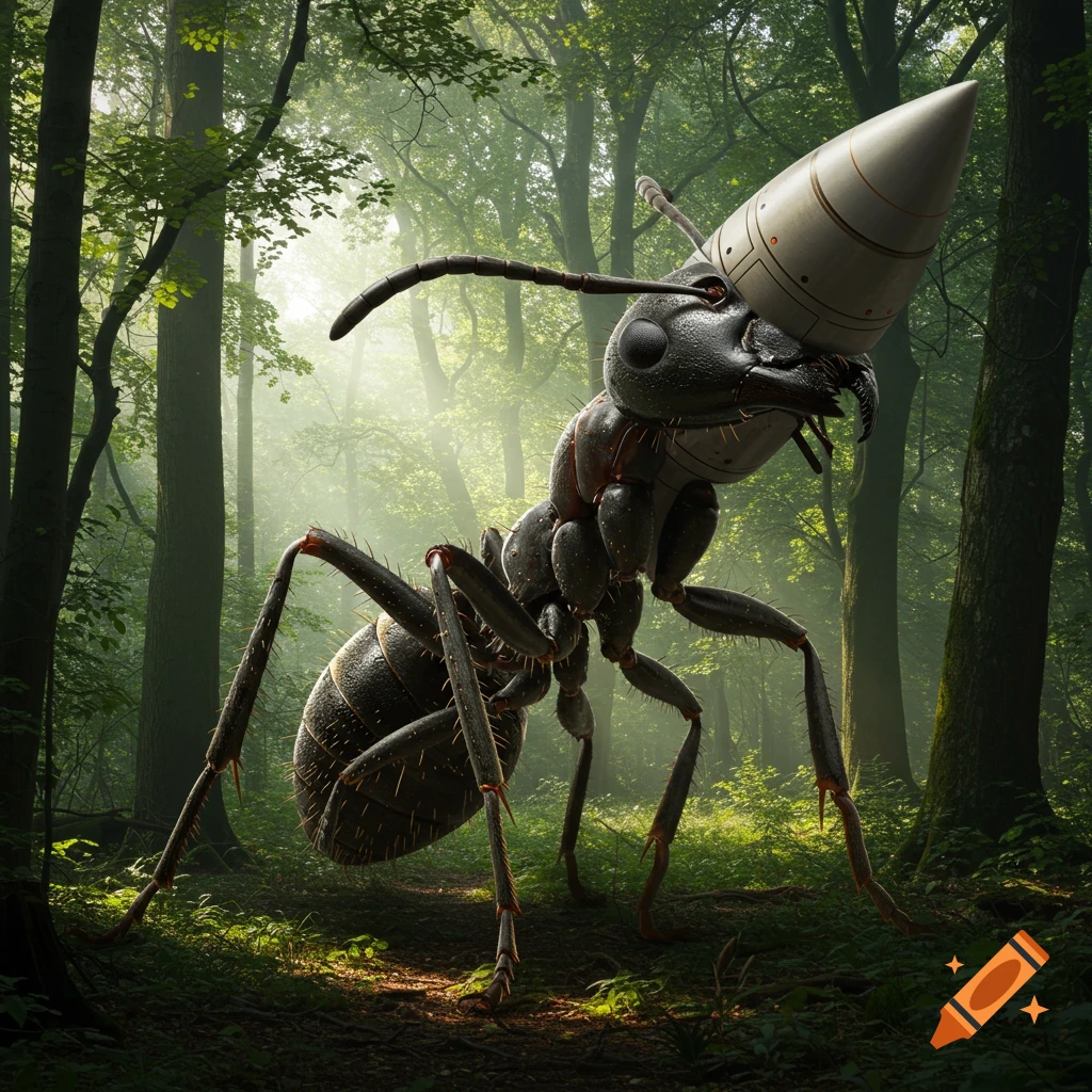 A huge ant with a missile head stands in a forest.