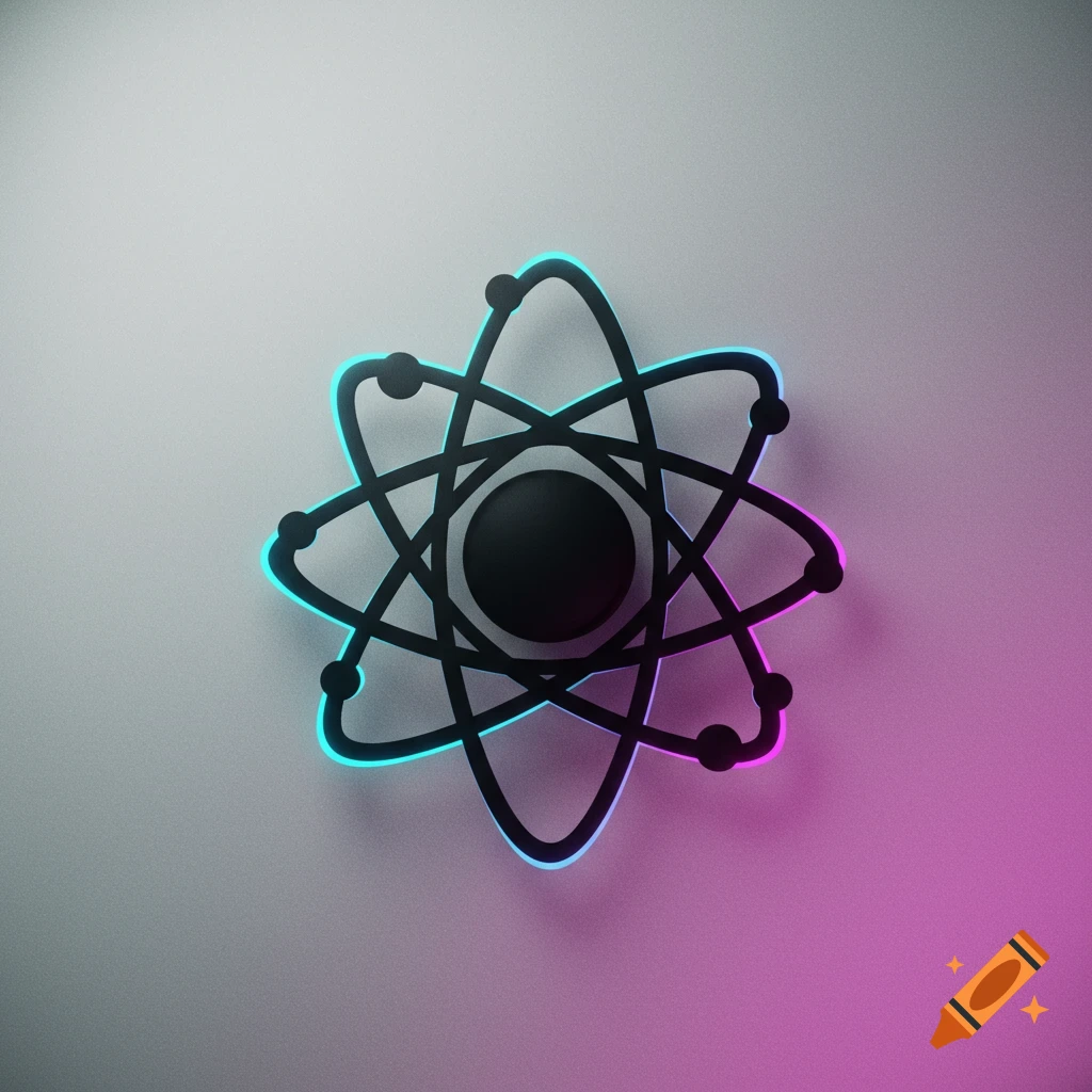 Black atom symbol with blue and pink neon glow on grey background.