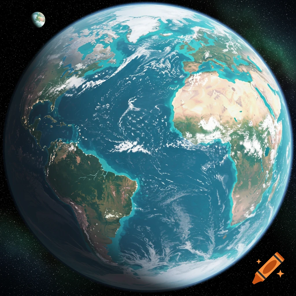 A large planet with continents and oceans viewed from space, with a moon in the background.