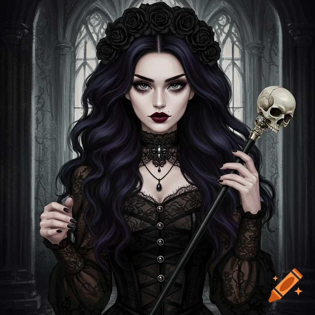 A goth woman with black roses and a skull staff in a gothic interior.