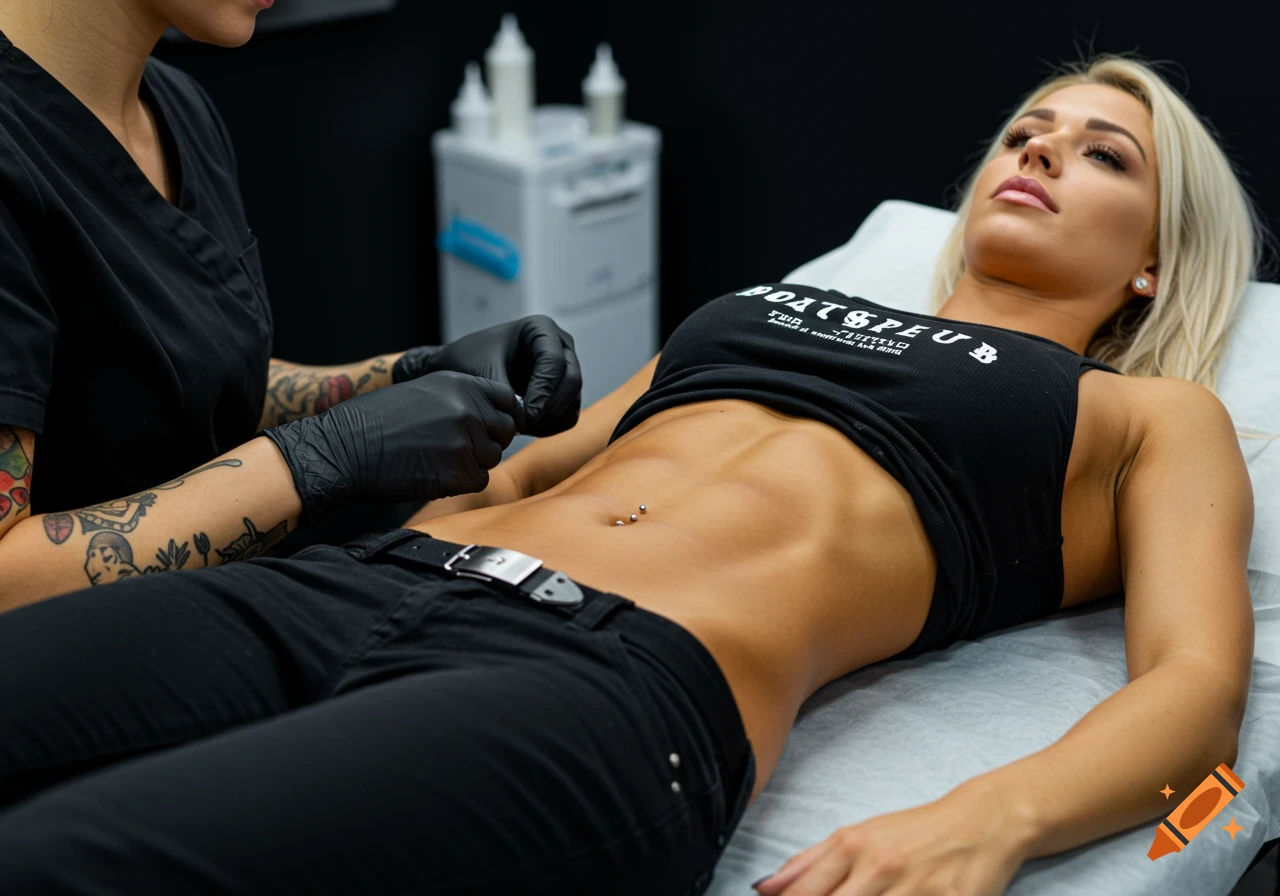 Blonde woman with abs getting a navel piercing from a piercer in a studio.
