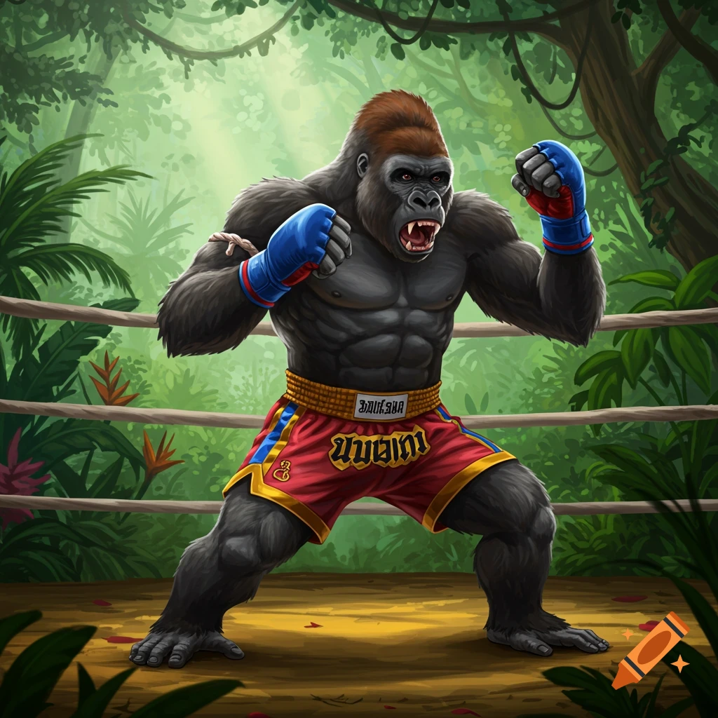A silverback gorilla in Muay Thai gear in a boxing ring.