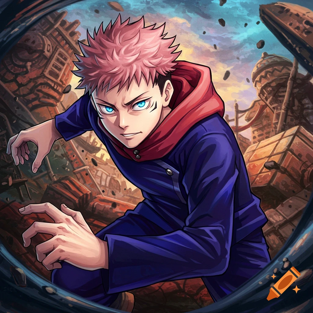 Anime character with pink hair and blue eyes in a blue jacket and red hood in a ruined city.